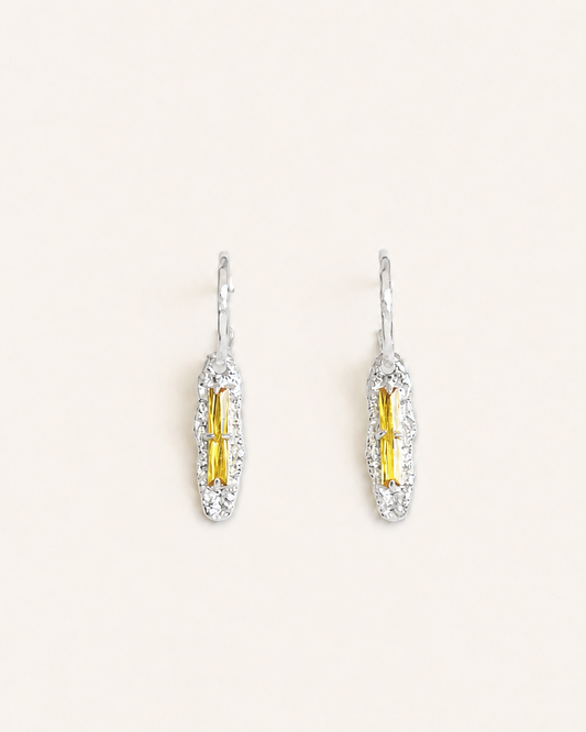 Vintage yellow Citrine CZ long drop earrings with polished silver hoops and organically shaped hammered pendants.