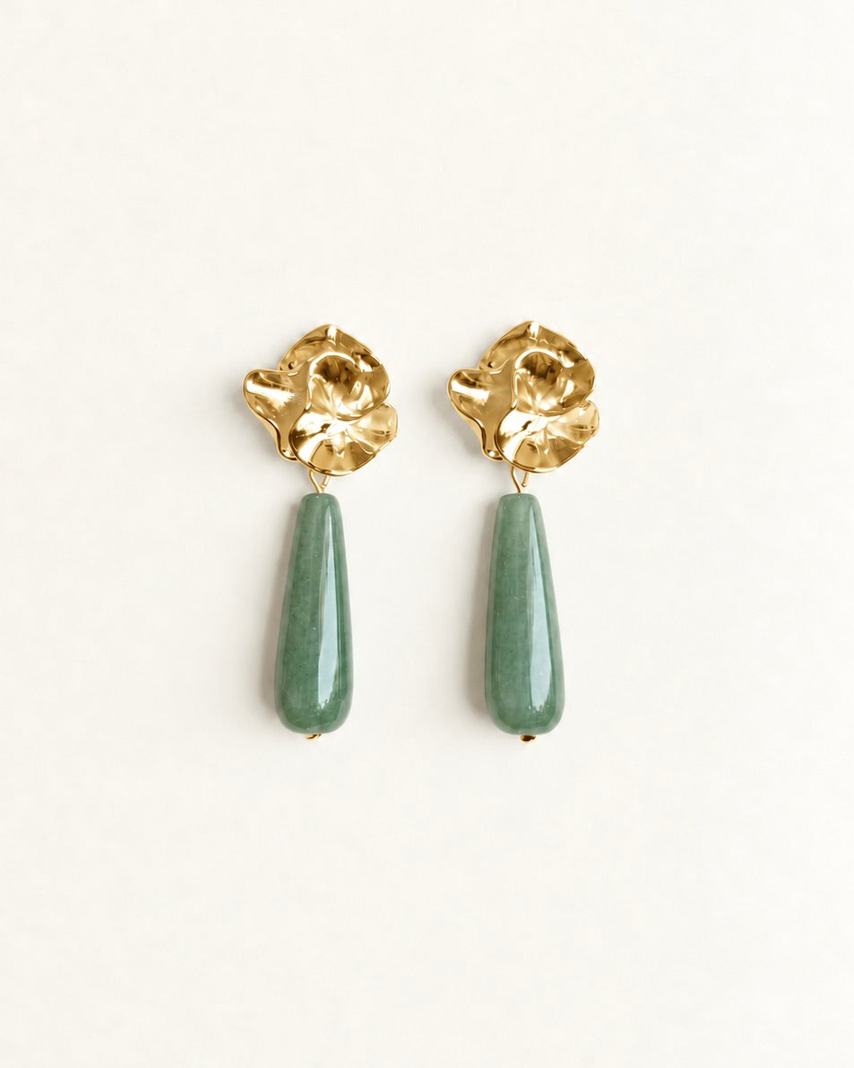 Gold-tone sculptural flower drop earrings with polished green aventurine stones
