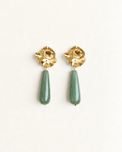 Gold-tone sculptural flower drop earrings with polished green aventurine stones