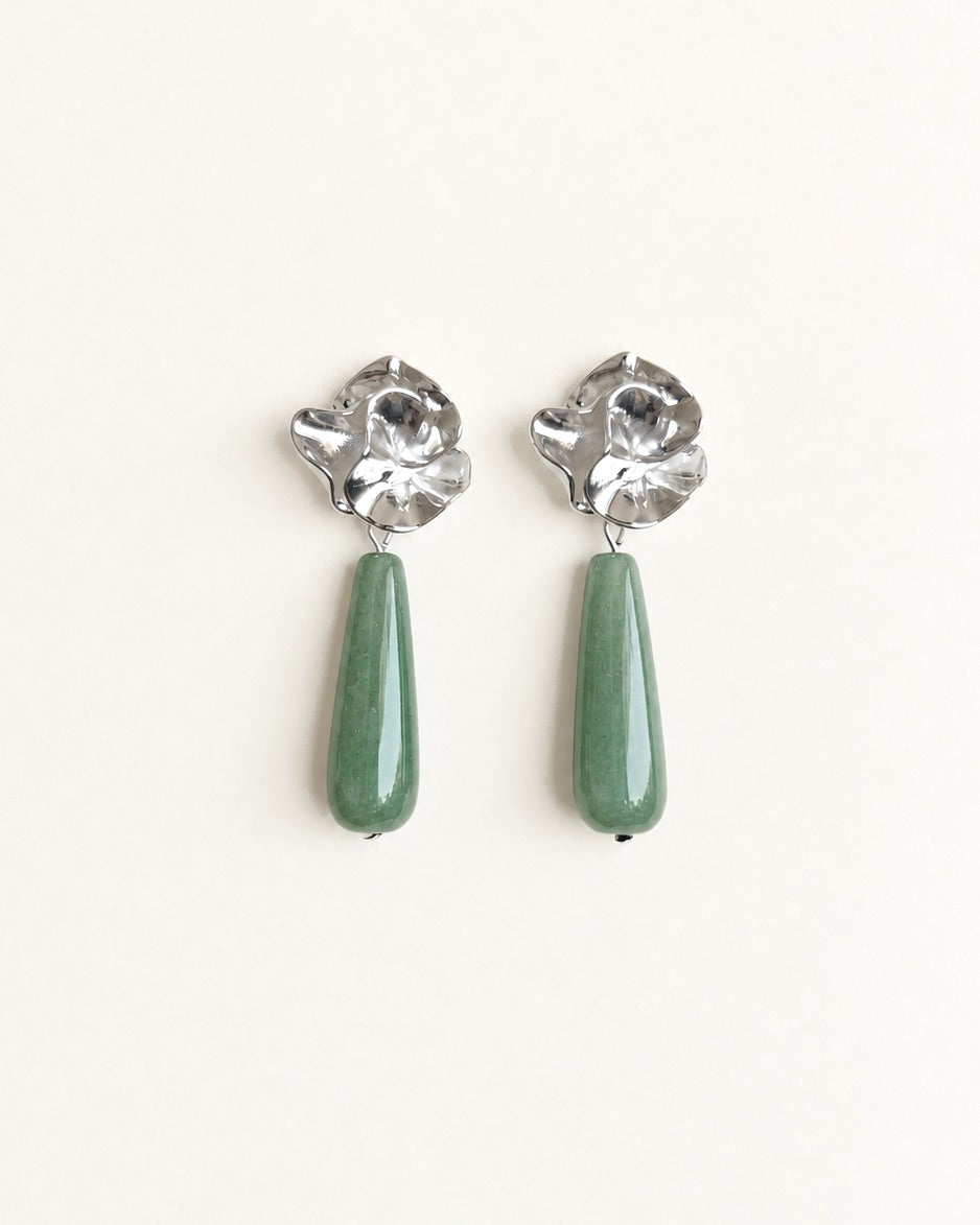 Silver-tone sculptural flower drop earrings with polished green aventurine stones