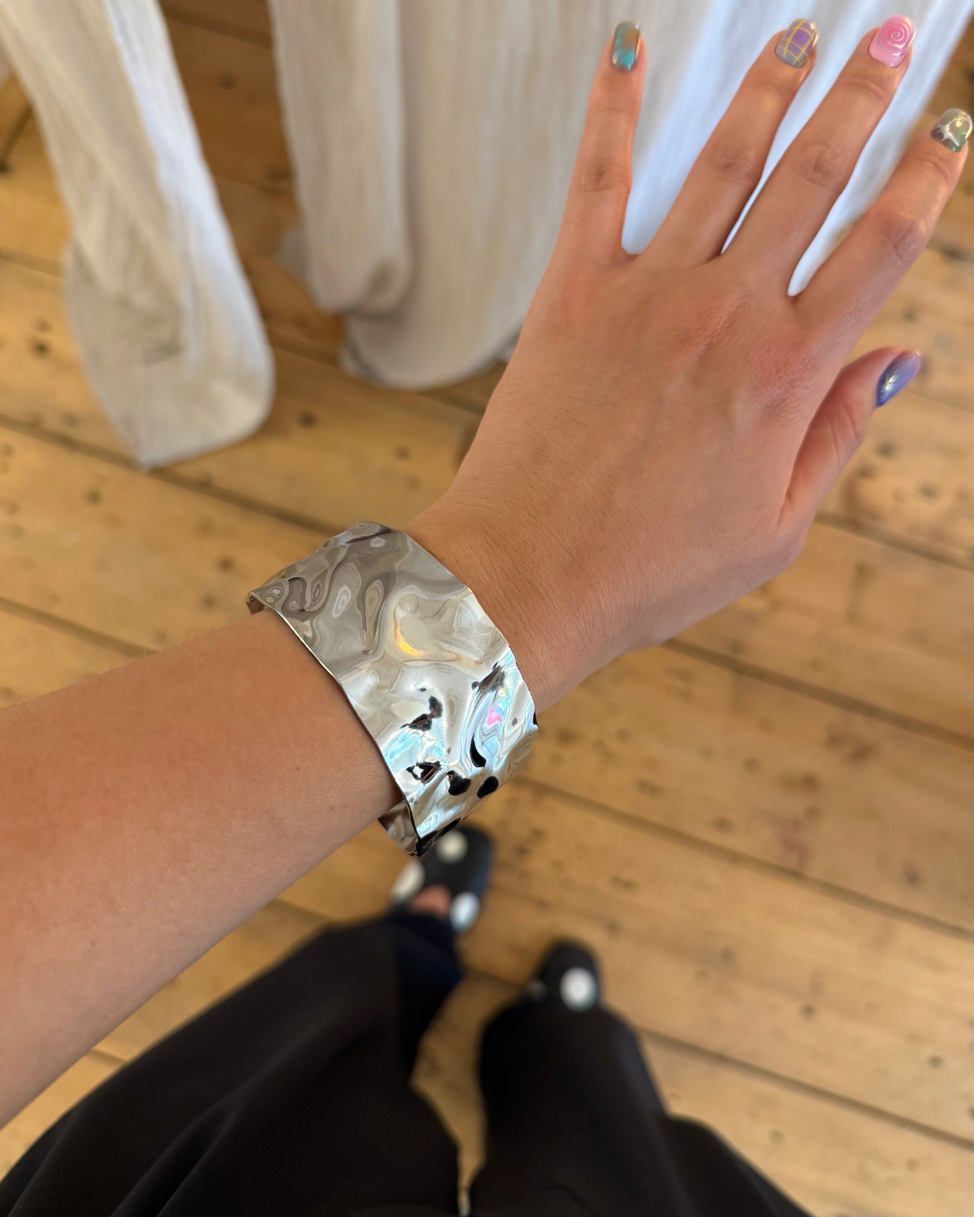 Silver chunky waterproof bangle with natural wavy texture and modern Scandi design