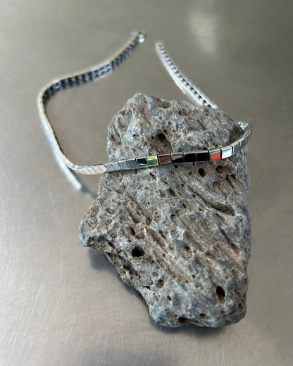 Close-up of sterling silver box link necklace chain and details