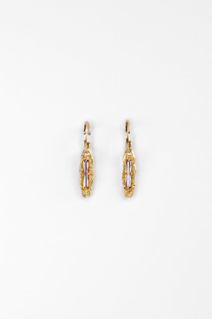 Front view of Twilight Gleam Earrings in 18K gold vermeil with baguette-cut purple zircon stones on sterling silver