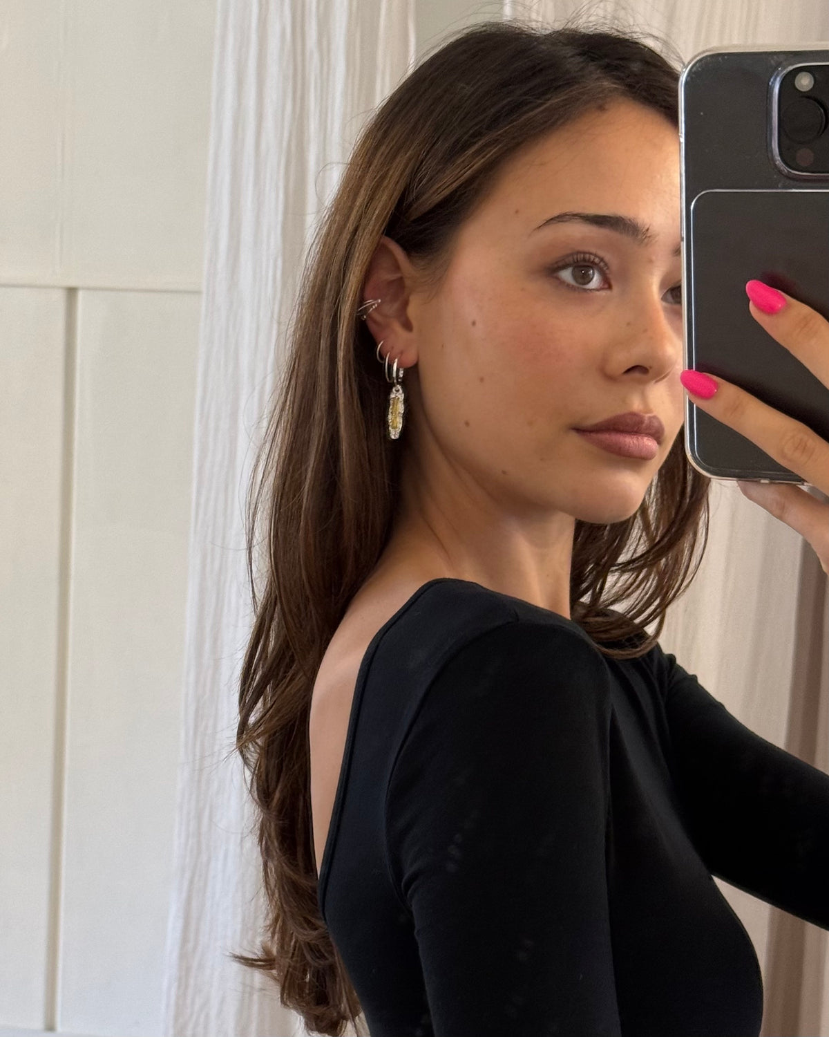 Vintage yellow Citrine CZ long drop earrings with polished silver hoops and organically shaped hammered pendants.