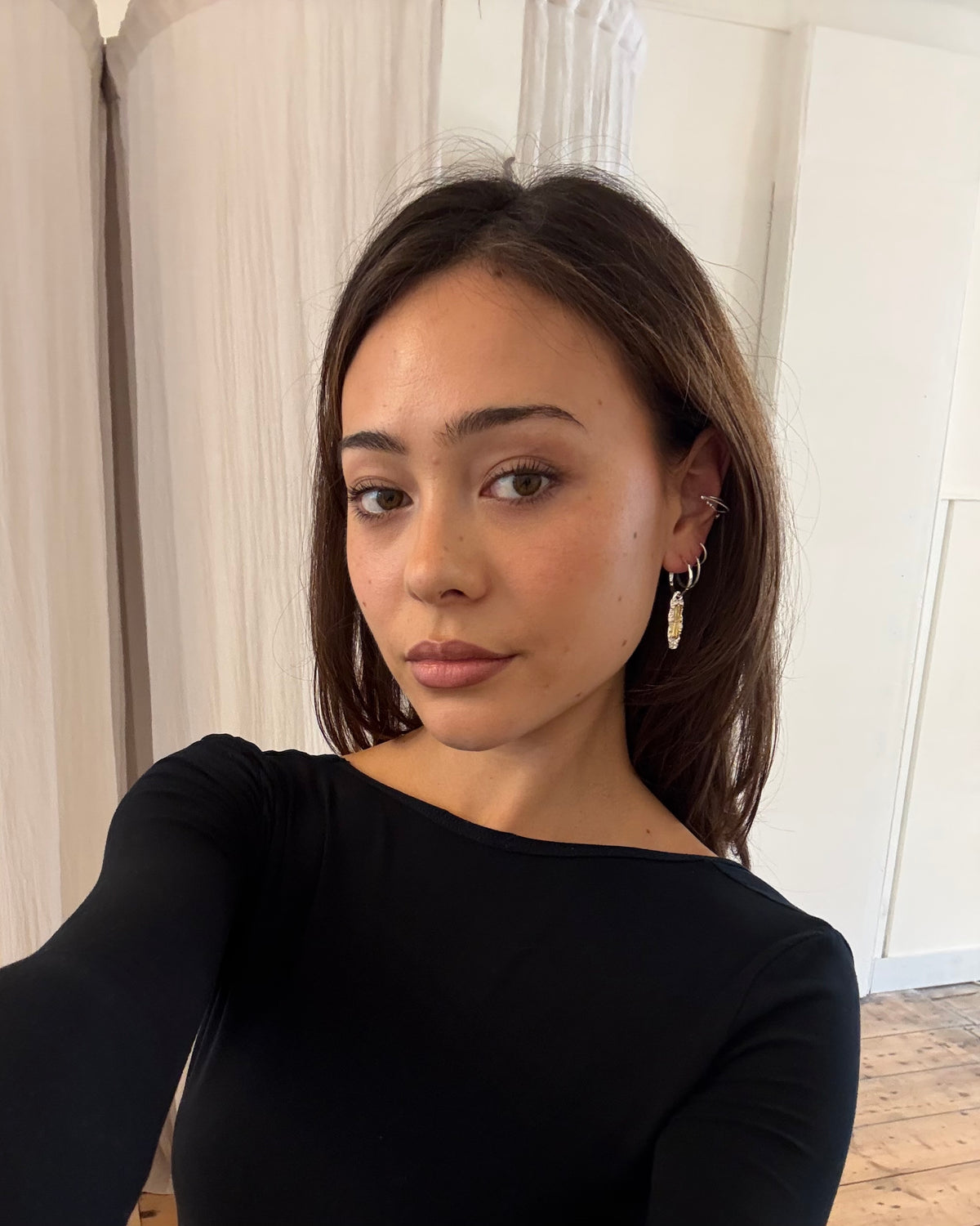 Vintage yellow Citrine CZ long drop earrings with polished silver hoops and organically shaped hammered pendants.