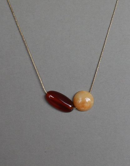 Yellow jade and red agate adjustable necklace choker on gold stainless steel chain